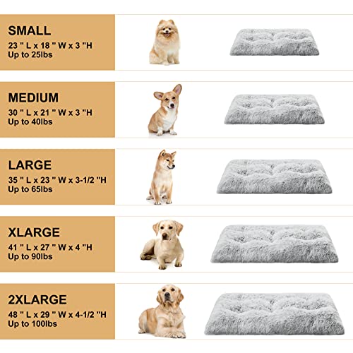 BFPETHOME grey plush dog crate bed for large dogs, fluffy cozy kennel pad with anti-slip bottom, washable pet mat
