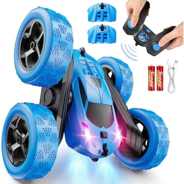blue remote control car, 4wd stunt car with led lights & 360° flips, 2.4ghz, upgraded usb-c modular batteries for kids ages 6-12