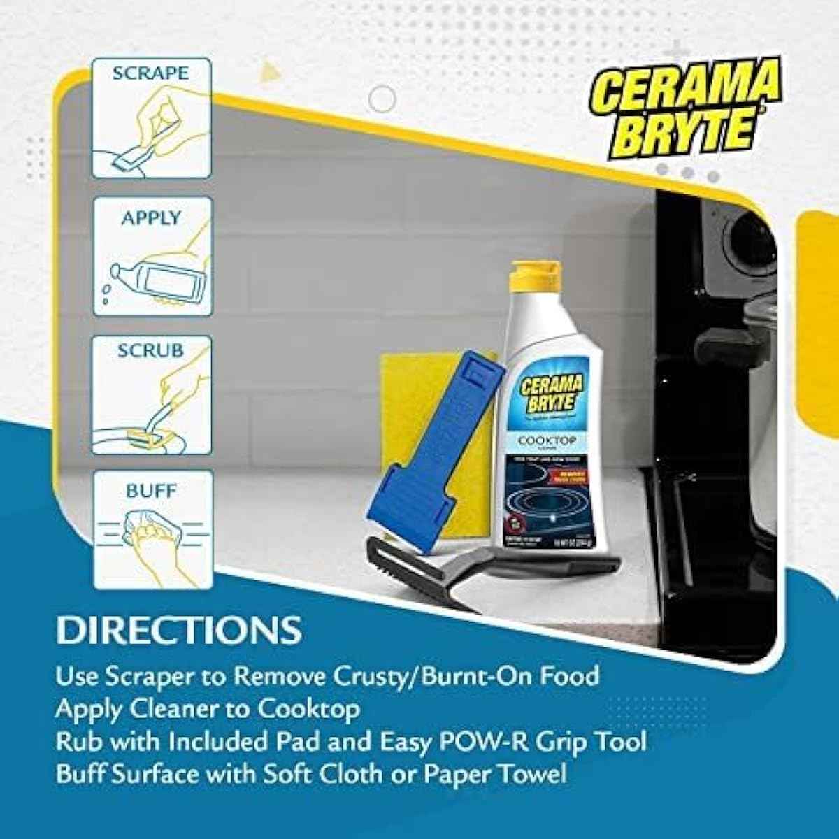 Cerama Bryte Glass Cooktop and Stove Top Cleaner Combo Kit - Includes Cleaning Tool, Razor, Scraper and 1 Pad to Remove Tough Stains - Use on Gas, Electric, Ceramic Surfaces, 10 Ounces, 4 Piece