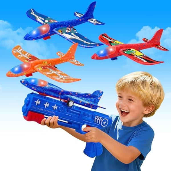 3 pack airplane launcher toys 2 flight modes led foam glider catapult planes outdoor kids flying toys birthday gifts 3+ year old