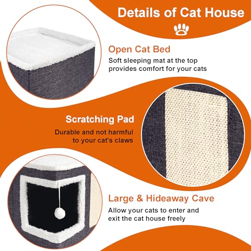 Large Dark Grey cat house with scratch pad and fluffy ball, foldable cat condo hideaway with reversible cushion for multi small pets