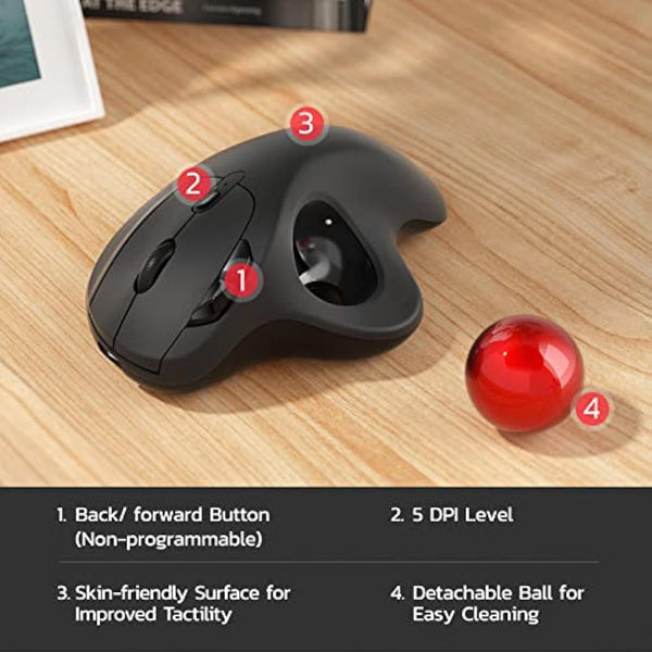 Nulea M501 wireless trackball mouse, rechargeable ergonomic, easy thumb control, precise tracking, 3 device connection, PC, laptop, Mac, Windows compatible