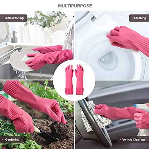 Mamison 2 Pairs Reusable Waterproof Dishwashing Gloves - Non-Slip Kitchen Cleaning Gloves (Pink, Medium)
