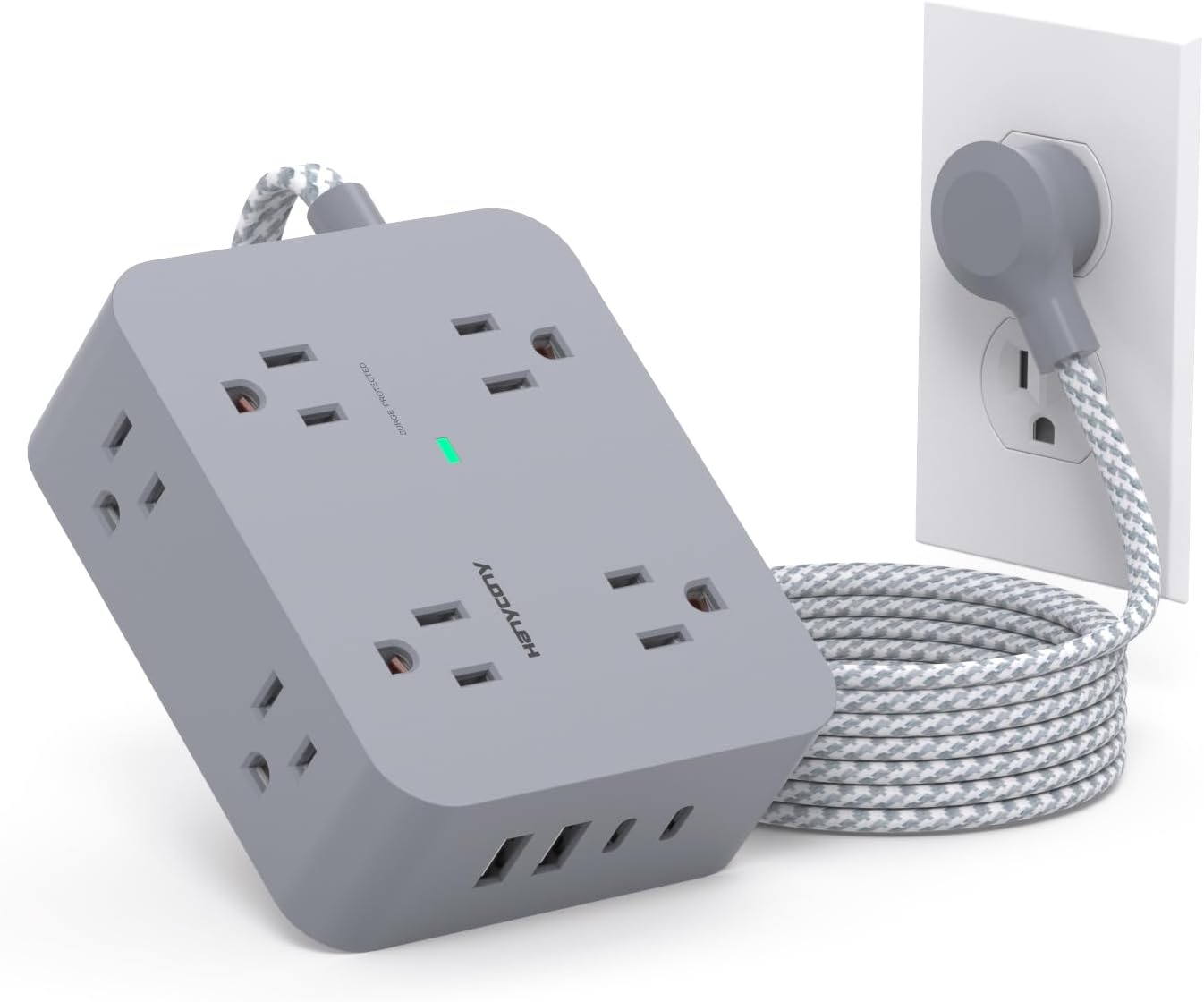 HANYCONY Surge Protector Power Strip – 8 Outlets with 4 USB Ports (2 USB-C), 5Ft Braided Extension Cord, Flat Plug Multi Outlet for Home & Office