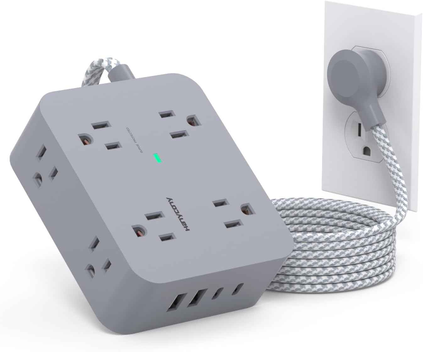 Surge Protector Power Strip - HANYCONY 8 Outlets 4 USB (2 USB C) Charging Ports, Multi Plug Outlet Extender, 5Ft Braided Extension Cord, Flat Plug Wall Mount Desk Charging Station for Home Office ETL
