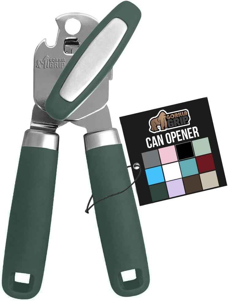 GORILLA GRIP Heavy Duty Stainless Steel Smooth Edge Manual Can Opener and Bottle Openers, Soft Comfortable Handle, Oversized Handheld Turn Knob, US Designed Multifunctional Kitchen Tool, Black