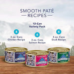 Blue Buffalo Wilderness High Protein, Natural Adult Pate Wet Cat Food Variety Pack, Chicken, Salmon, Duck 3-oz Cans (12 Count- 4 of Each Flavor)