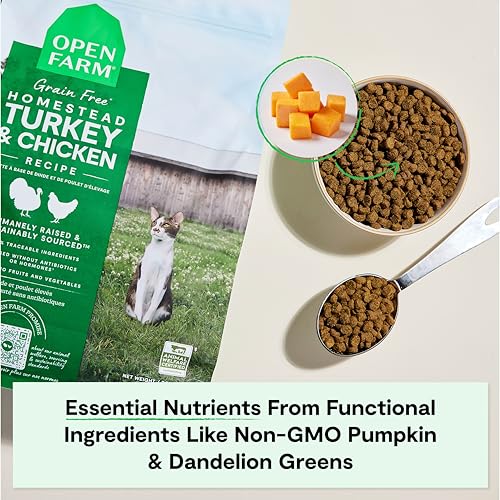 Open Farm, Grain Free Dry Cat Food, High-Protein Kibble for a Complete & Balanced Diet, Non-GMO Fruits & Vegetables, Prebiotic Fibers to Support Digestion, Homestead Turkey & Chicken Recipe, 4lb Bag