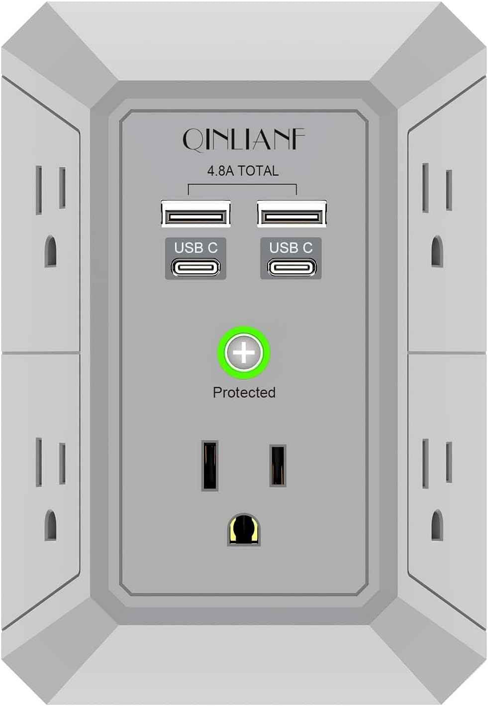 Wall Charger, Surge Protector, QINLIANF 5 Outlet Extender with 4 USB Charging Ports (4.8A Total) 3-Sided 1680J Power Strip Multi Plug Adapter Spaced for Home Travel Office (3U1C)
