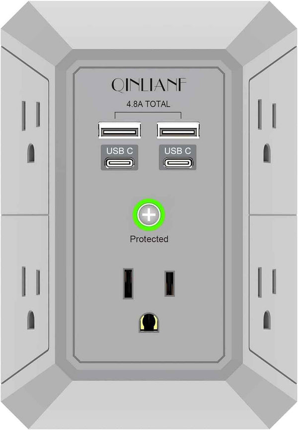 Wall Charger, Surge Protector, QINLIANF 5 Outlet Extender with 4 USB Charging Ports (4.8A Total) 3-Sided 1680J Power Strip Multi Plug Adapter Spaced for Home Travel Office (3U1C)