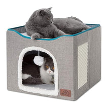 Bedsure Large Grey Cat Cave with Fluffy Ball and Scratch Pad, Foldable, Indoor Pet House for Cats, 16.5x16.5x13 inches