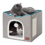 Bedsure Large Grey Cat Cave with Fluffy Ball and Scratch Pad, Foldable, Indoor Pet House for Cats, 16.5x16.5x13 inches