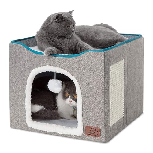 Bedsure Large Grey Cat Cave with Fluffy Ball and Scratch Pad, Foldable, Indoor Pet House for Cats, 16.5x16.5x13 inches