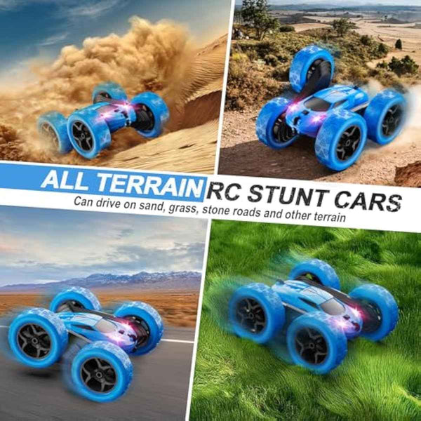 blue remote control car, 4wd stunt car with led lights & 360° flips, 2.4ghz, upgraded usb-c modular batteries for kids ages 6-12
