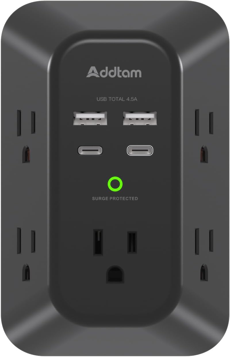 Addtam USB Wall Charger Surge Protector – 5 Outlet Extender with 4 USB Ports (1 USB-C) 1800J Power Strip Multi Plug Adapter for Home & Office