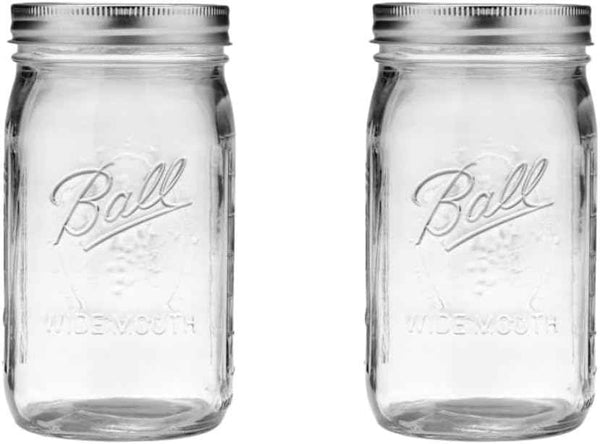 Ball wide mouth glass mason jars with lids and bands, quart size 32 oz, pack of 2, for canning and pickling
