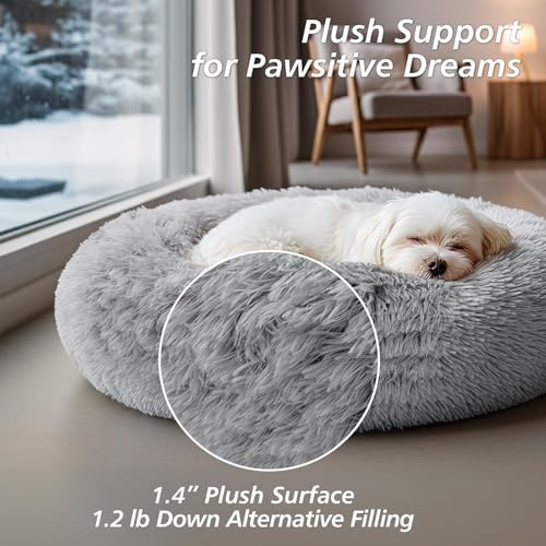 Jolivogue Small Dog & Cat Donut Bed for Indoor Cats, 20 inches Smoke Grey, Washable Round Fluffy Plush Faux Fur