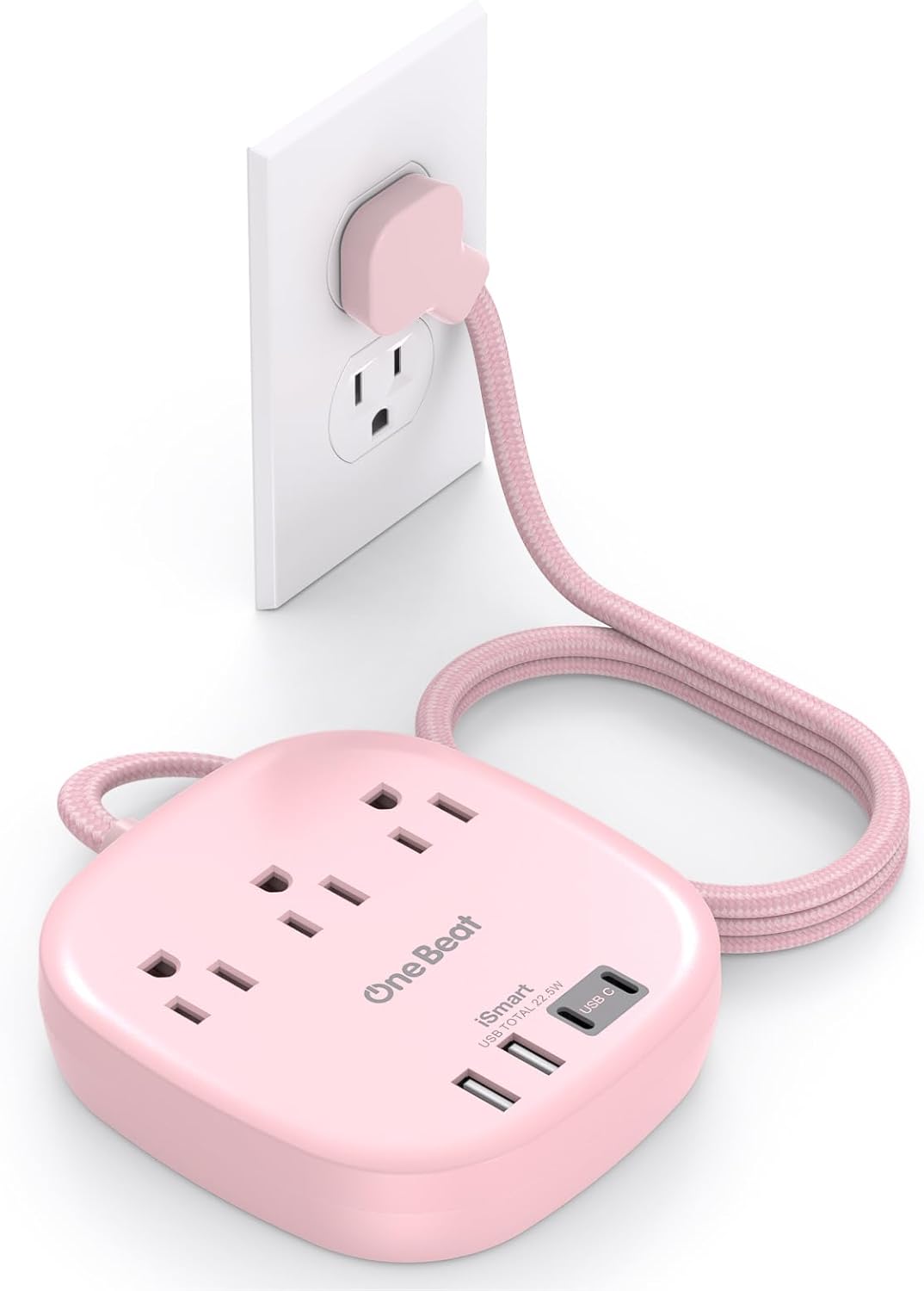 Flat Plug Power Strip – 5Ft Ultra Flat Extension Cord with 3 Outlets & 4 USB Ports (2 USB-C), 22.5W Desktop Charging Station for Cruise & Travel