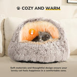 CATISM plush hooded cat bed, calming nest, self-warming cave for indoor cats or small dogs, removable washable cover with non-slip bottom