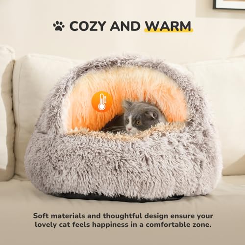 CATISM plush hooded cat bed, calming nest, self-warming cave for indoor cats or small dogs, removable washable cover with non-slip bottom