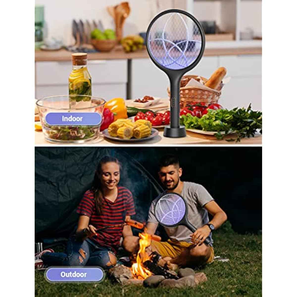 YISSVIC Electric Fly Swatter 4000V Bug Zapper Racket Dual Modes Mosquito Killer with Purple Mosquito Light Rechargeable for Indoor Home Office Backyard Patio Camping (Black-1 Pack)