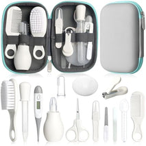 Baby Grooming Kit for Newborn Girls and Boys, Infant Safety Care Set with Hair Brush, Comb, Nail Clipper, Nasal Aspirator, Grey and White