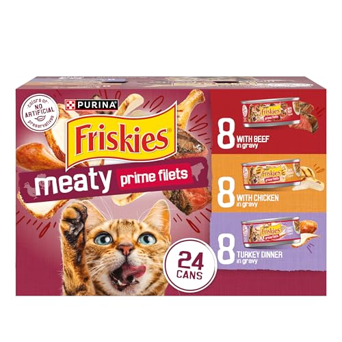 purina friskies gravy wet cat food variety pack, 24-count, 5.5 oz cans, real beef, chicken, or turkey