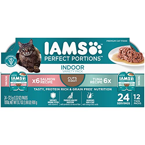 iams perfect portions indoor adult cat food cuts in gravy, 2.6 oz easy peel twin-pack trays, 12 count variety pack