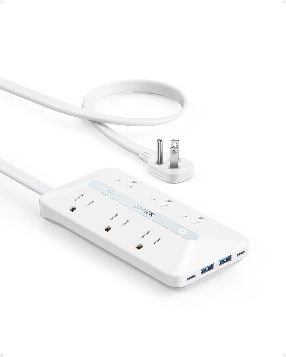 Anker 10-in-1 Flat Plug Power Strip – 6 AC Outlets, 2 USB-A & 2 USB-C Ports, 5Ft Extension Cord Desk Charging Station for Home & Office