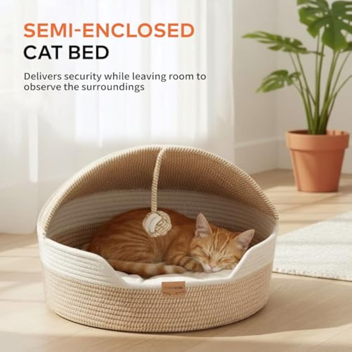 CHEERPALS Cat Basket Bed for Indoor Cats, Covered Pet Bed with Washable Cushion and Ball Rope Cotton Bed for Medium and Large Cat, All Season Universal(White)