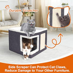 Large Dark Grey cat house with scratch pad and fluffy ball, foldable cat condo hideaway with reversible cushion for multi small pets