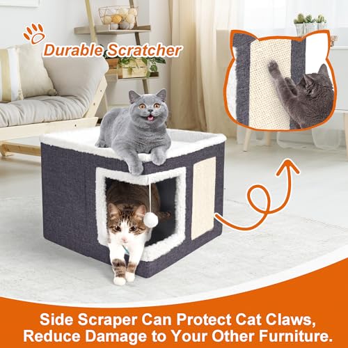Large Dark Grey cat house with scratch pad and fluffy ball, foldable cat condo hideaway with reversible cushion for multi small pets