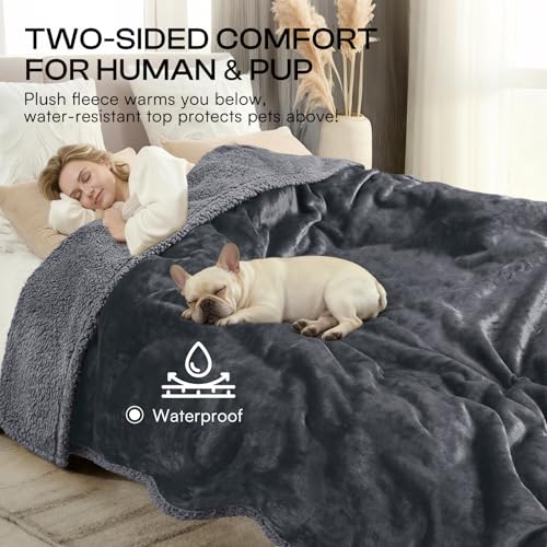 Waterproof sherpa fleece pet blanket for sofa bed couch, small, medium, large dogs and cats, dark gray, 40" x 28"