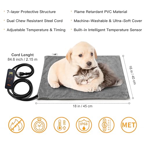 Toozey small pet heating pad, 18x16in, 6 temperature settings with timer, waterproof, indoor electric heated mat for dogs and cats