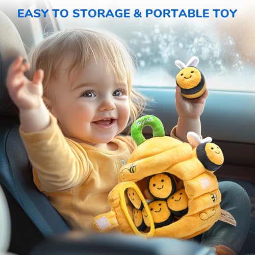 JoyCat soft baby beehive toy with 5 sensory bees for 6-12 months toddlers, rattle, crinkle paper, squeaker, mirror