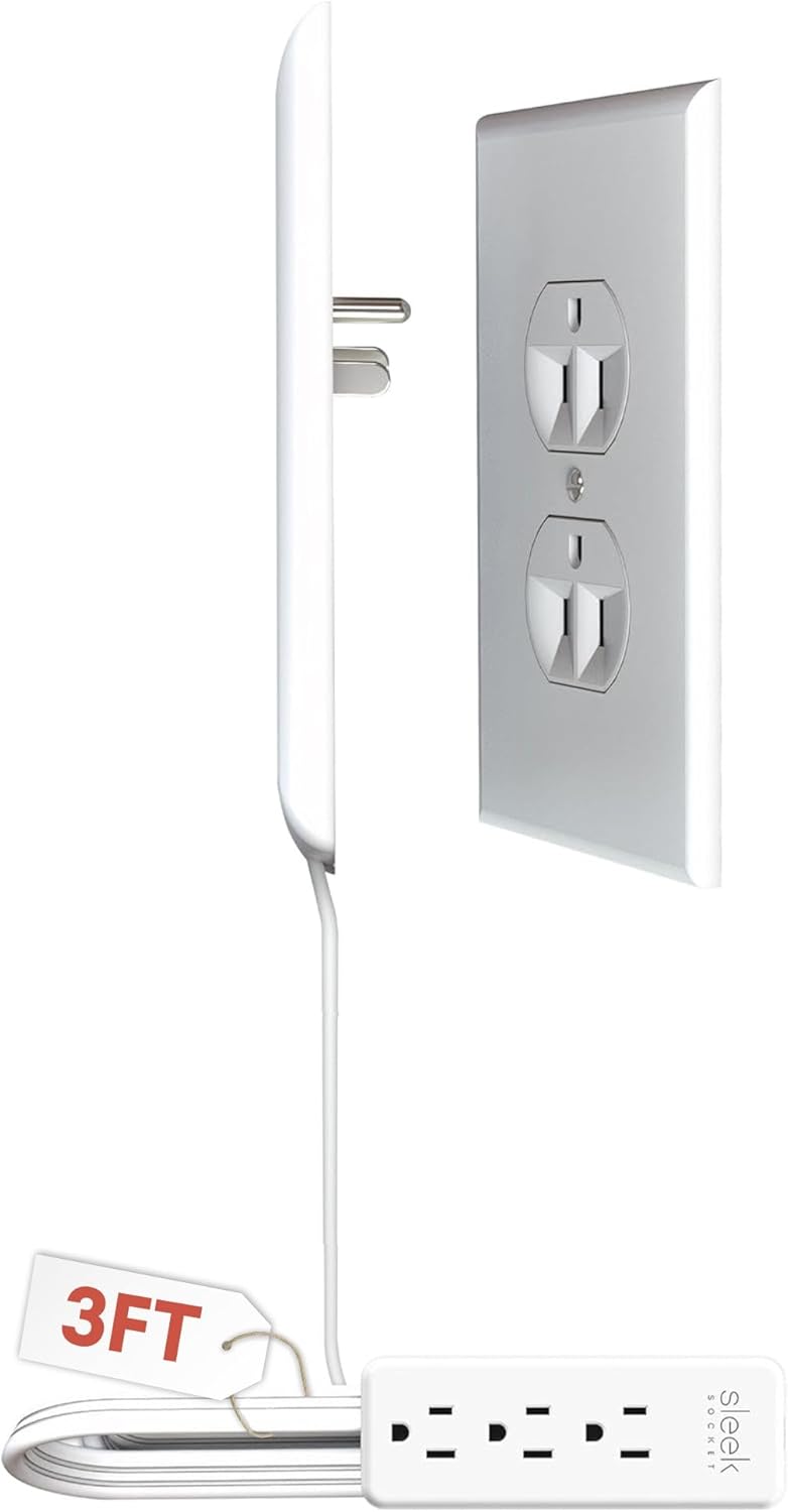 Sleek Socket Flat Ultra-Thin Outlet Concealer – 3ft Extension Cord Kit with Multi Outlet Power Strip