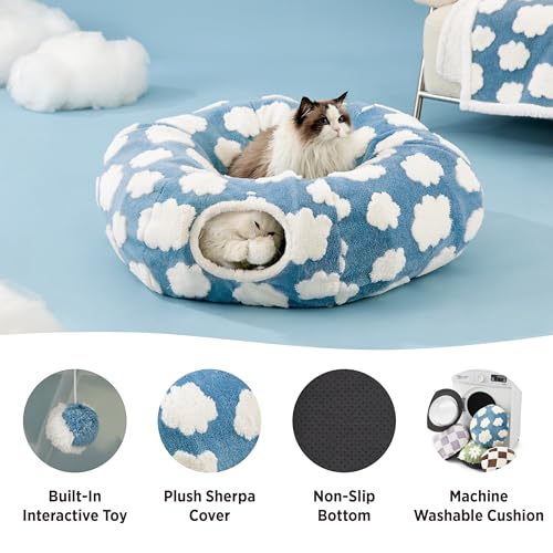 lesure standard cozy clouds blue cat tunnel bed for indoor cats and small pets with washable cushion