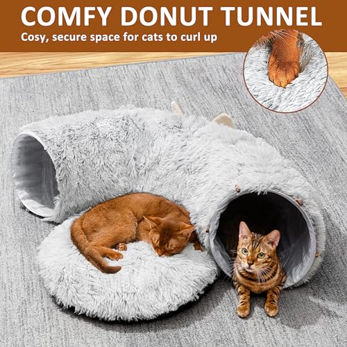 Grey cat tunnel with cat bed for indoor cats, multifunctional playground with hideplace for kittens, rabbits, ferrets