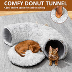 Grey cat tunnel with cat bed for indoor cats, multifunctional playground with hideplace for kittens, rabbits, ferrets