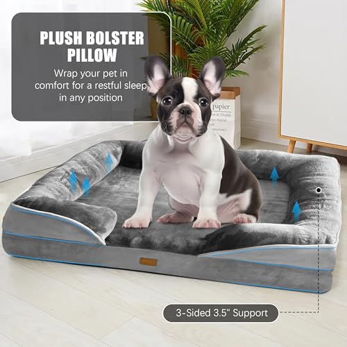 Orthopedic dog bed with sides for medium dogs, supportive foam couch bed with grey removable cover