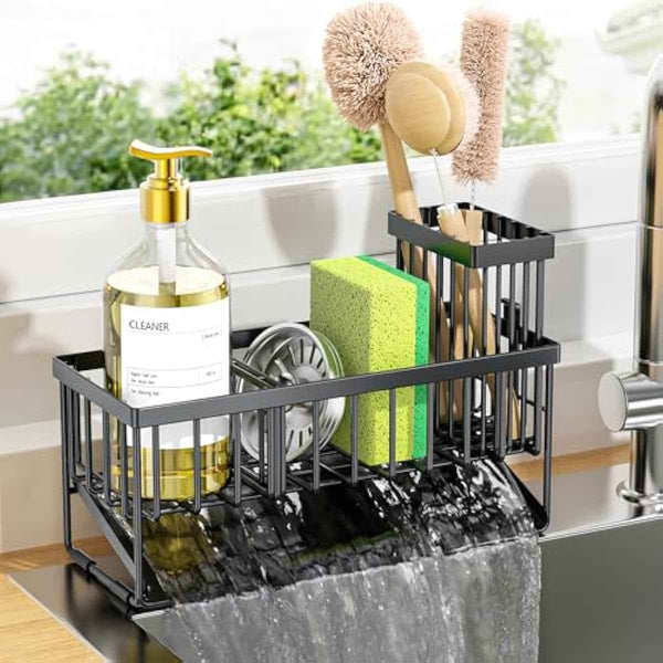 Cisily sink caddy sponge holder with stainless steel self-drain tray and brush holder for kitchen sink organization