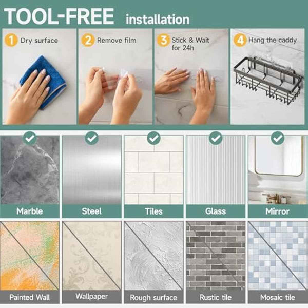 Veken Shower Caddy 6-Pack, Advanced Rustproof Design, No Drilling Adhesive Shelves, Rack with Soap Holder, Large Capacity Bathroom Organizers and Storage, Wall-Mounted Kitchen & Home Decor