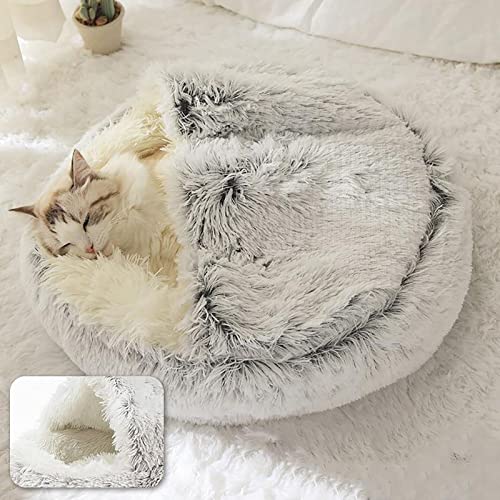 ShinHye round plush cat bed with waterproof bottom and faux fur for small indoor cats or dogs, 20x20inch, grey