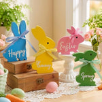 Easter Decor, 4 Pcs Bunny Spring Easter Decorations for Home Office Table, 5~6.4 Inches Wood Rabbit Easter Decorations Sign with Ribbons for Tiered Tray Mantel Shelf, Farmhouse Party Supplies