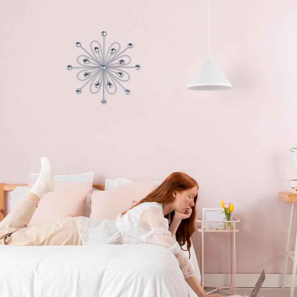 hogardeck Metal Flower Wall Decor, 11inch Silver Metal Jeweled Wall Art Bling Crystal Home Décor, Sun Burst Rhinestone Wall Hanging Diamond Accents for for Indoor, Outdoor, Living Room, Bedroom