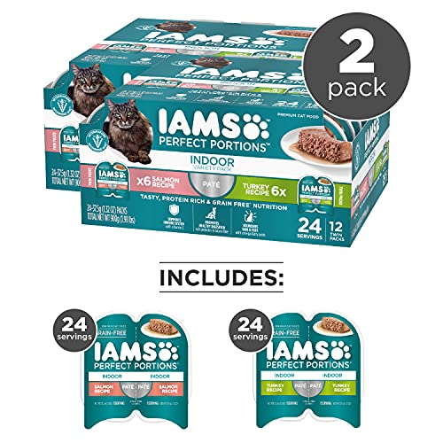 iams perfect portions indoor adult grain free wet cat food pate turkey salmon recipe 2.6 oz twin-pack trays 12 count 24 servings pack of 2