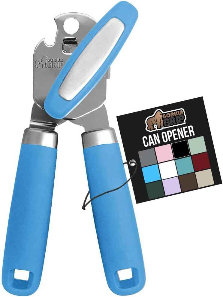 GORILLA GRIP Heavy Duty Stainless Steel Smooth Edge Manual Can Opener and Bottle Openers, Soft Comfortable Handle, Oversized Handheld Turn Knob, US Designed Multifunctional Kitchen Tool, Black