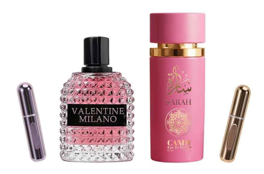 Valentine Milano Couple Set Perfume Gift Set for Women/Men EDP – (100ml x2) Amber Floral & Oriental Scents, Cologne with a Modern Twist Elegant, Plus 2 Refillable 5ml Travel Spray Bottles.