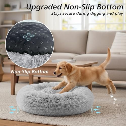 Jolivogue Small Dog & Cat Donut Bed for Indoor Cats, 20 inches Smoke Grey, Washable Round Fluffy Plush Faux Fur