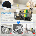 Cisily sink caddy sponge holder with stainless steel self-drain tray and brush holder for kitchen sink organization